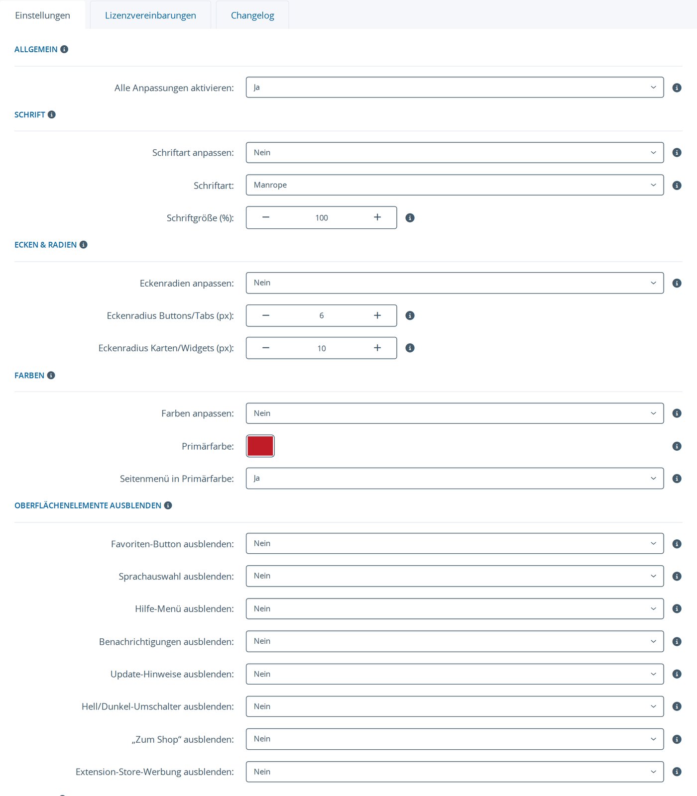 Alle Anpassungen an einer Stelle: Schrift, Radien, Farben, Branding und Menü-Links.