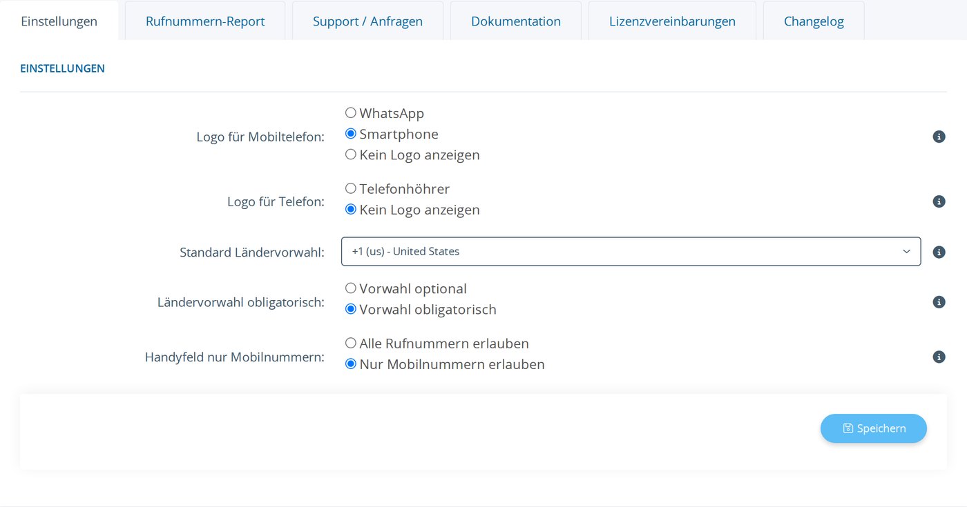 Einstellungen: Standardvorwahl, Pflichtvorwahl, eigene Icons, Mobilfeld-Prüfung.