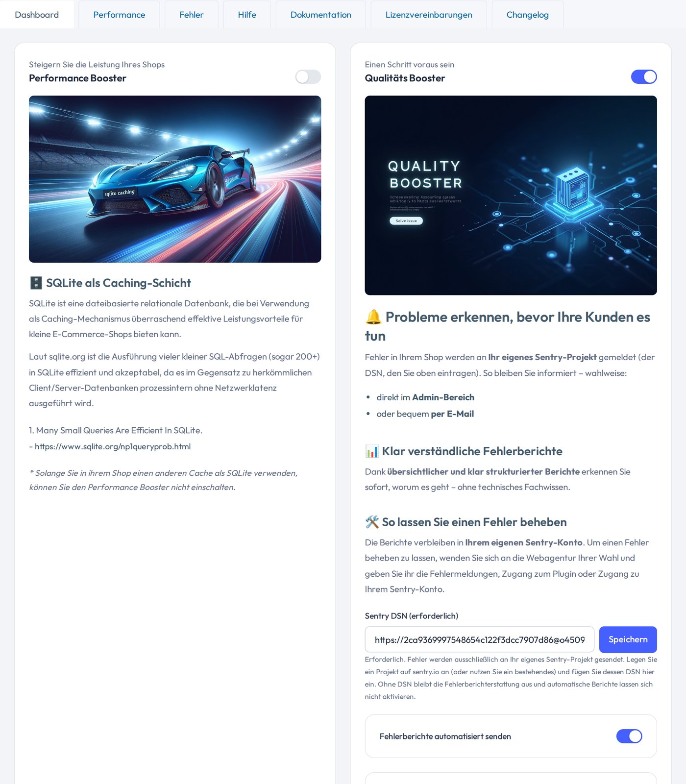 Das Dashboard mit Performance-Hinweisen und verständlichen Fehlerberichten.