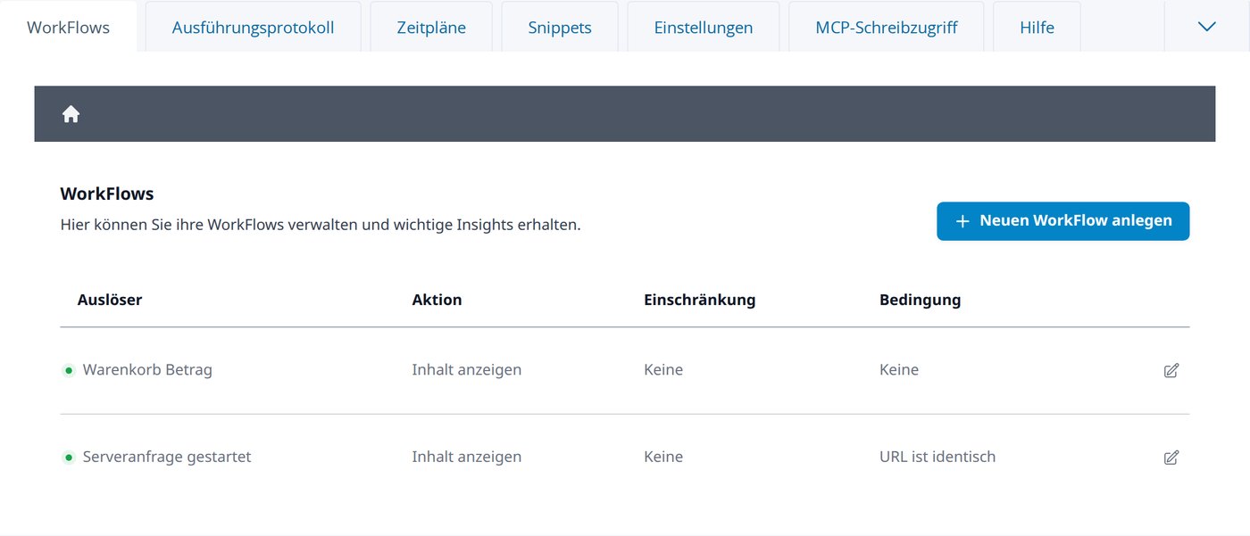 Die WorkFlow-Übersicht: Auslöser, Aktion, Einschränkung und Bedingung auf einen Blick.